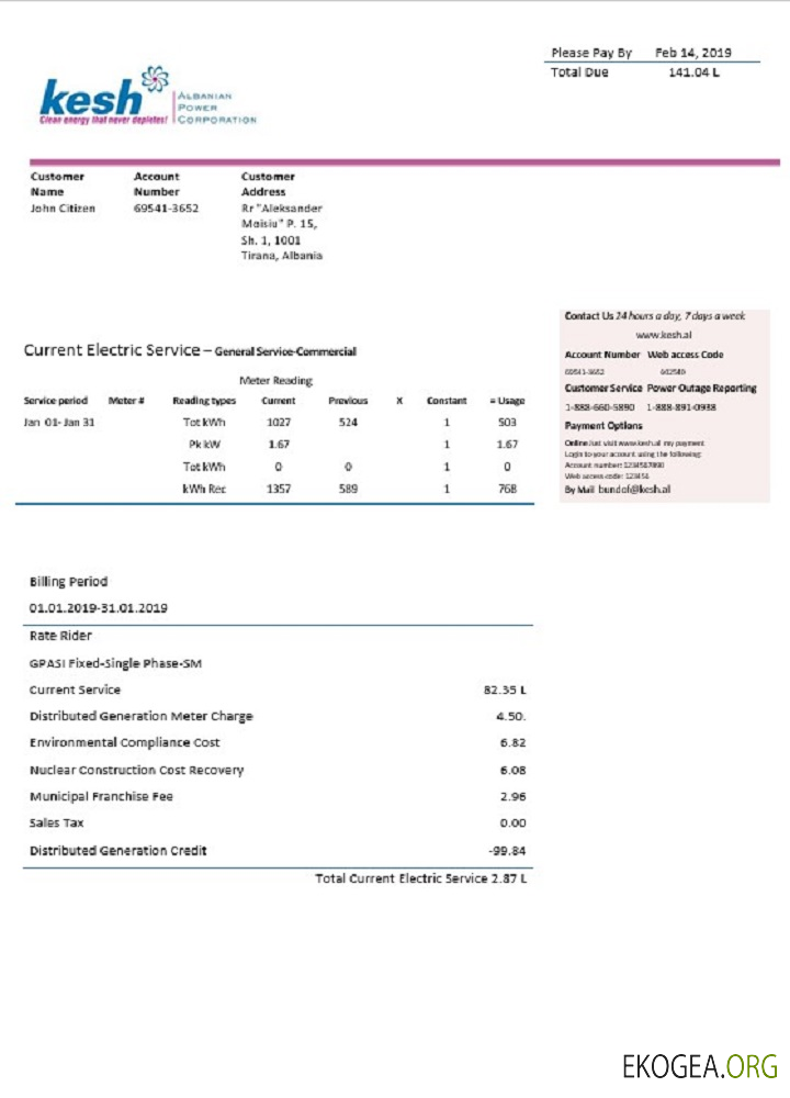 fake Albanian Power Corporation utility bill
